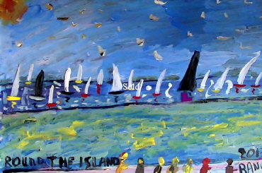 'Round the Island Race 2013' by BB Bango. One of a selection of A4 sized acrylic on paper and framed original photo based paintings £40. On display Bembridge shop. Also postcards available. This picture was painted June 2013 .