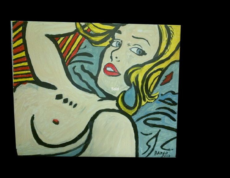 'Blue Cushion' by BB Bango. Acrylic on paper  framed 50*40cm.  SOLD Also postcards available. This picture painted 16th April 2013 . Influenced by 'DC Comics Strips from the early 1960 and of course Roy Lichtenstein.