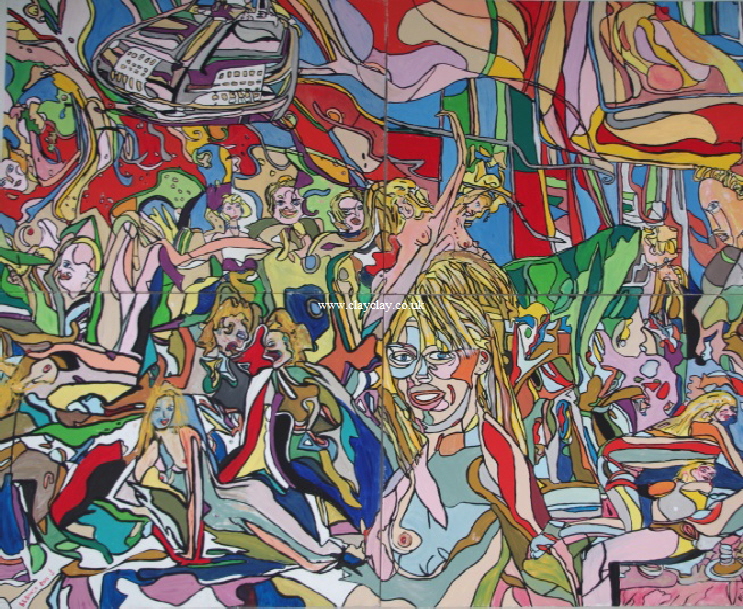 'The Party'  Painting by BB Bango in acrylic on canvas 8ft by 6ft on four canvasses £1,250. 