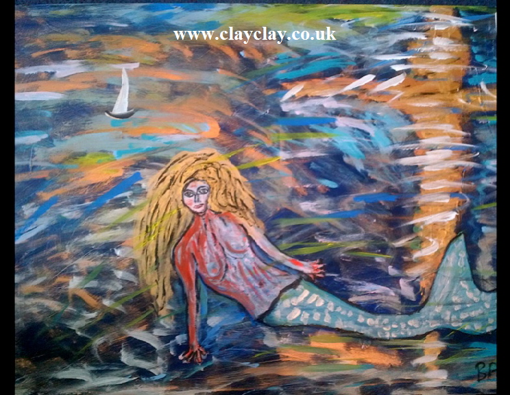 ‘Mermaid 3’ by BB Bango. Acrylic on canvas.  90*60cm £115.  Also postcards available. This picture painted 8th April 2013 is influenced by E Munch and is the third in the popular ‘Mermaid’ series. 