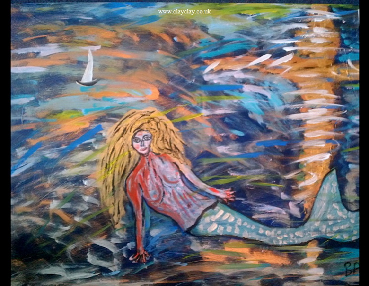 Mermaid 3 by BB Bango. Acrylic on canvas.  90*60cm 115.  Also postcards available. This picture painted 8th April 2013 is influenced by E Munch and is the third in the popular Mermaid series. 