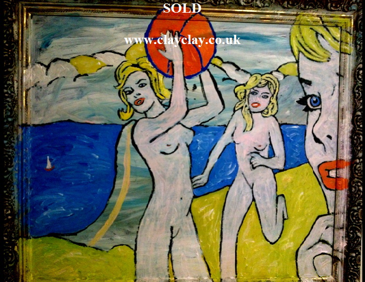'Beach Nudes' by BB Bango. Acrylic on cardboard  90*60cm SOLD.  Also postcards available. This picture painted 26th March 2013 . Influenced by 'DC Comics Strips from the early 1960 and of course Roy Lichtenstein.