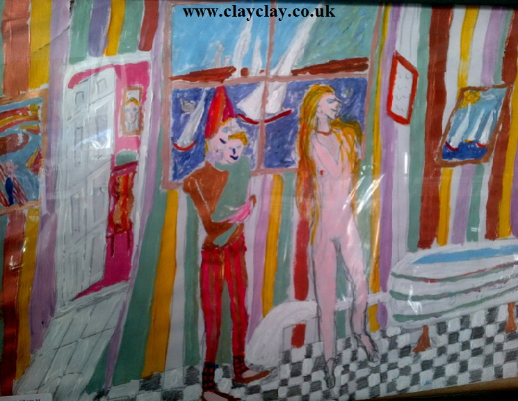 'La Toilette de la Mere' by BB Bango. Acrylic on paper. Framed and glass  40*28cm £25. On display Bembridge shop. Also postcards available. This picture painted 10th March 2013 is influenced by an etching (original of which is in Bembridge shop) by Pablo Picasso.