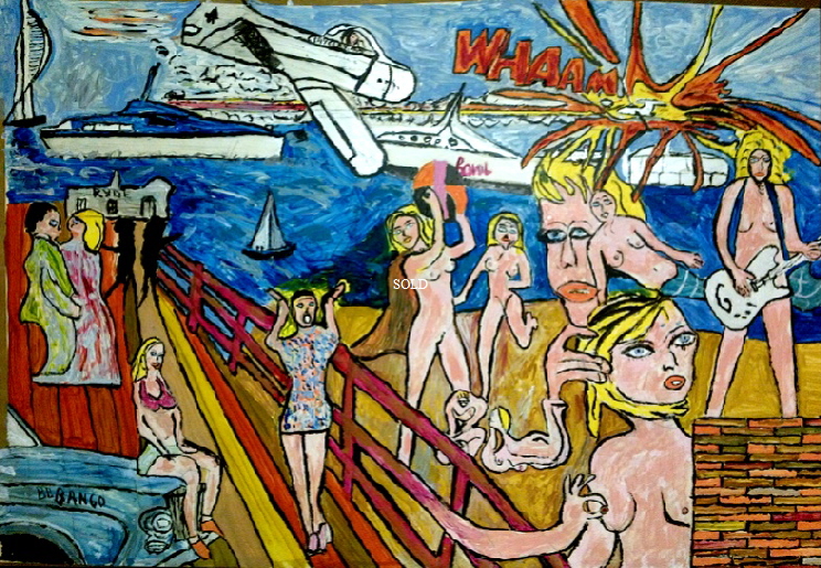 Ryde Pier Beach by BB Bango. Acrylic on Paper. Framed and glass.  75*50cm SOLD.. Also postcards available. This picture painted 12th April 2013 shows some of Bango's influences and likes - The Scream by E Munch ,  Roy Lichtenstein, Pablo Picasso, Jack Vettriano and the School of Clouet (Duchess of Villars, Gabrielle d'Estrees), Brick making, Rolls Royces, glamour models, Spinnaker Tower, Ryde Pier Head, sailing, Hot Bovril and Fairey Huntsman Offshore Powerboats, music (EspadaRolls) and guitars and nudes with glimpses of Isle of Wight's St Helens Fort and the old 3 funnelled Queen Mary Liner but the most striking is the aircraft shooting another down in 'Whaam' reflecting the relentless bombing raids over Portsmouth in the Second World War. This picture flows and each image leads to another.