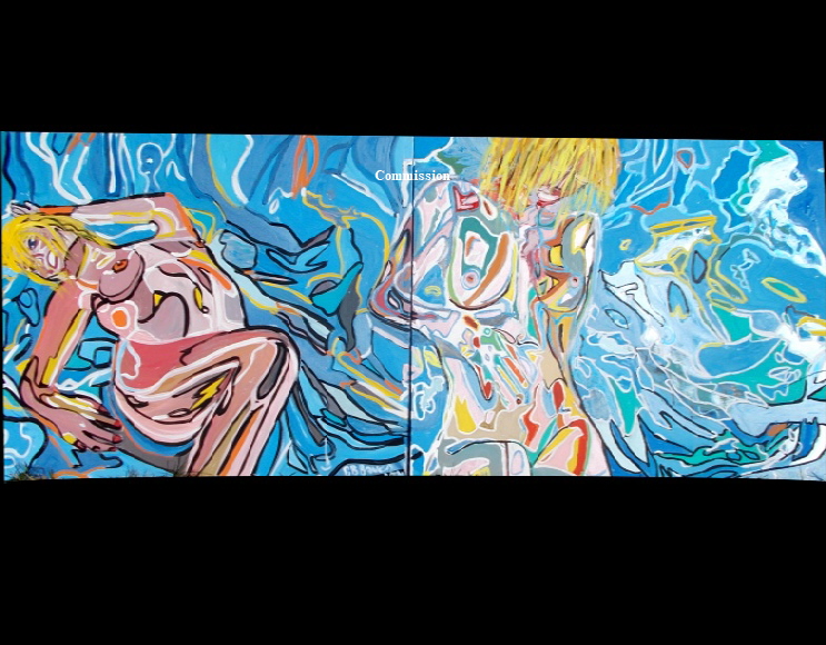 'Psycho Nude 1 &2' Paintings by BB Bango in acrylic on canvas. Total picture size 80 by 30" Commission for London Film Producers Studio 'Psycho Nude 1 &2' Paintings by BB Bango in acrylic on canvas. Total picture size 80 by 30" Commission for London Film Producers Studio