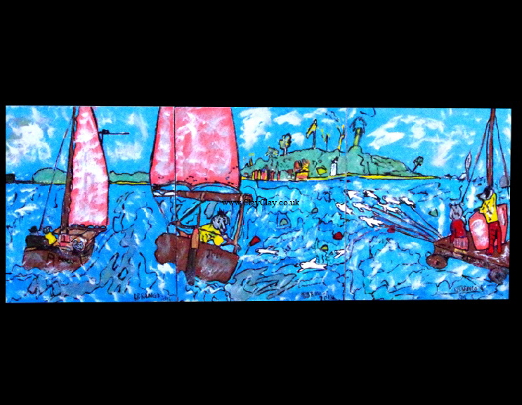 'Joey 'comehere'and Molly 'stopIt' Dogs to Sea in Bembridge'    Painting by BB Bango in acrylic 60" by 20" on three canvasses of 20*20" each £450 (£150 per casnvas) 