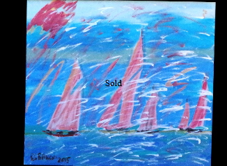 'Five Red Sails' 20 by  30 inches by BB Bango. Aug  2nd 2015 Acrylic on canvas. On display Big Art £100