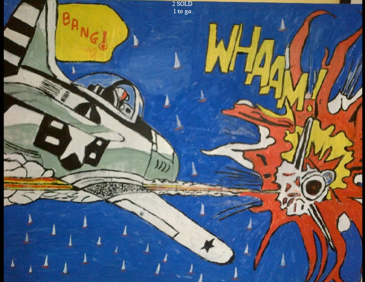 'Whaam over the Solent 2' by BB Bango. Acrylic on camvas  90*60cm 60. On display Bembridge shop. Also postcards available. This picture painted 31st March 2013 is the second one in the Whaam series and can be personalised by putting whatever name you like on the cockpit surround. Influenced by 'All American Men of War' Comic No.89 1962 DC comics and of course Roy Lichtenstein.