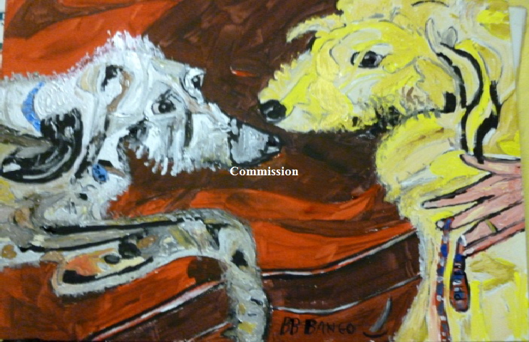 'Joey and Phoebe  Two Lurchers on a sofa'  Commission for Essex based Veterinary Practice painted by BB Bango 20*16" Acrylic on canvas board. Dog and Pet Commissions. E mail us a photo and BB Bango will do an Original Pop Art (Black lines, loads of colours as per �60s Dada  artwork) Caricature of you r dog or pet for just �65 (onto 20*16" canvas board in acrylic plus UK postage. Turnaround 3 days from order