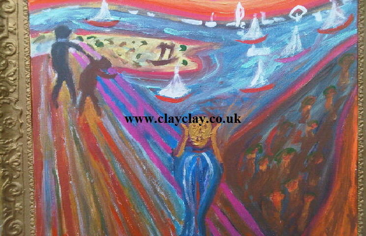 'The Scream on Ryde Pier' by BB Bango. Acrylic on canvas  framed 50*60cm �1,000,000 ono.  Also postcards available. This picture painted 20th May 2012. Influenced by 'Edvard Munch' who regularly sells for over �70,000,000 so this one at �1 million must be a bargain (may take an offer of �50 on it!).
