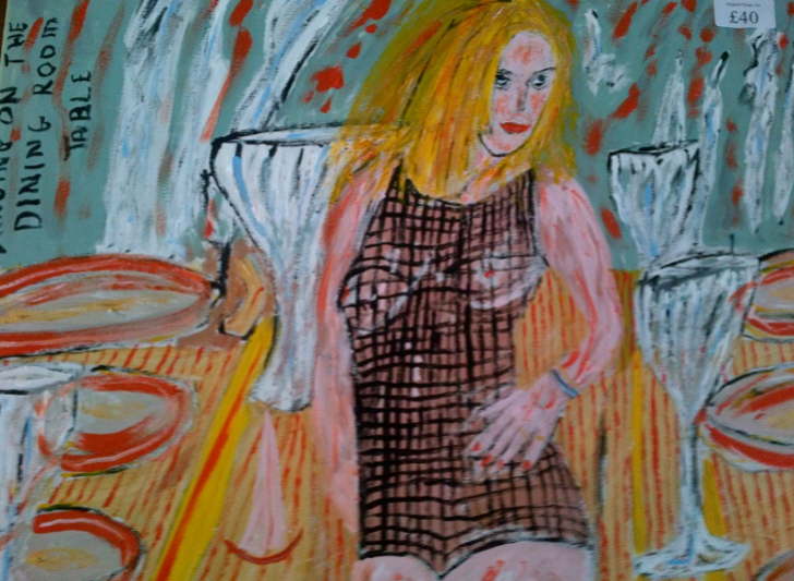Acrylic on canvas Dancing on the Dining Room table. Taken from EspadaRolls Tacky music videos DVD 500*400mm  �30 Can be personalised to your own colours and annotation including your own photos used as part of this orignal art work