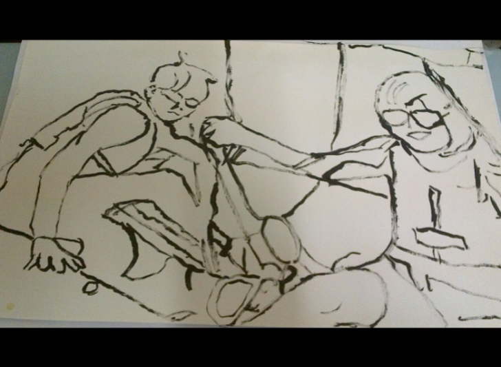Drawing acrylic on paper to make Max and Issy painting Taken from photograph. 