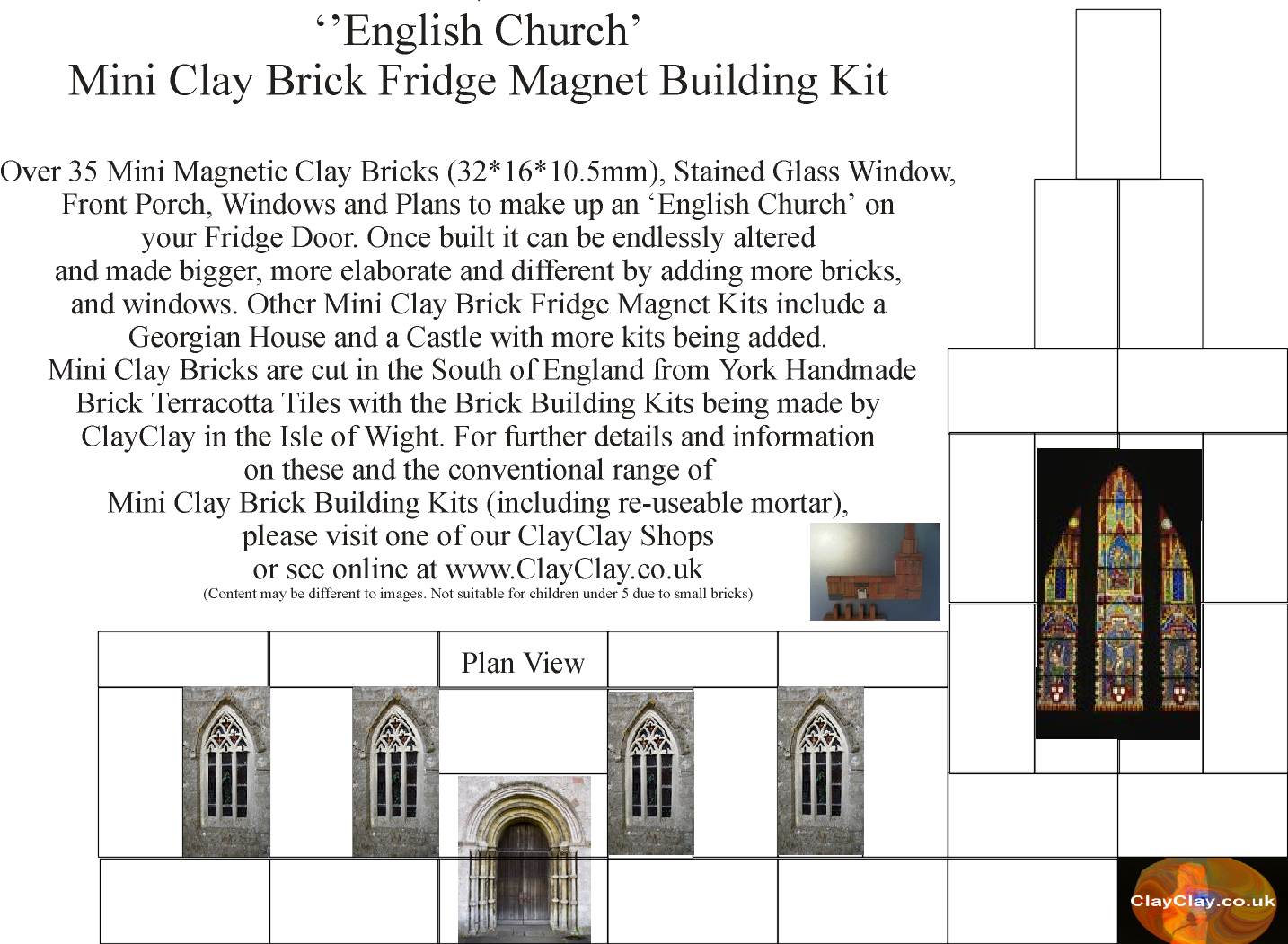 Clay Clay Miniature Brick Fridge Magnets. English Church Kit. Over 35 bricks and windows etc