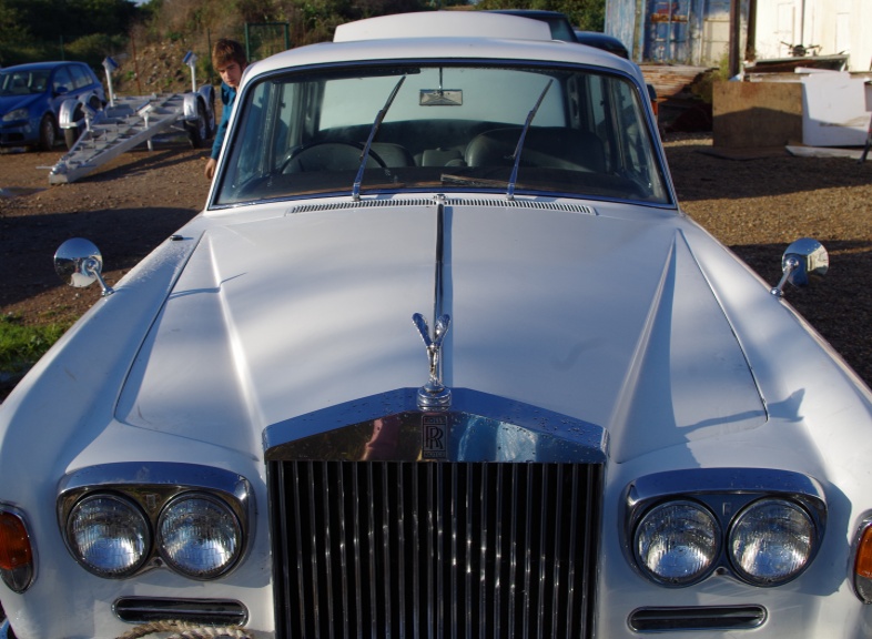 White (prior to Pop Art) Rolls-Royce Silver Shadow 1969 White with blue leather interior and picnic tables Brake and suspension overhaul, new sills and lower body repray.  Mot'd Feb 2016 Not many series 1 Shadows left and appreciating investment . 