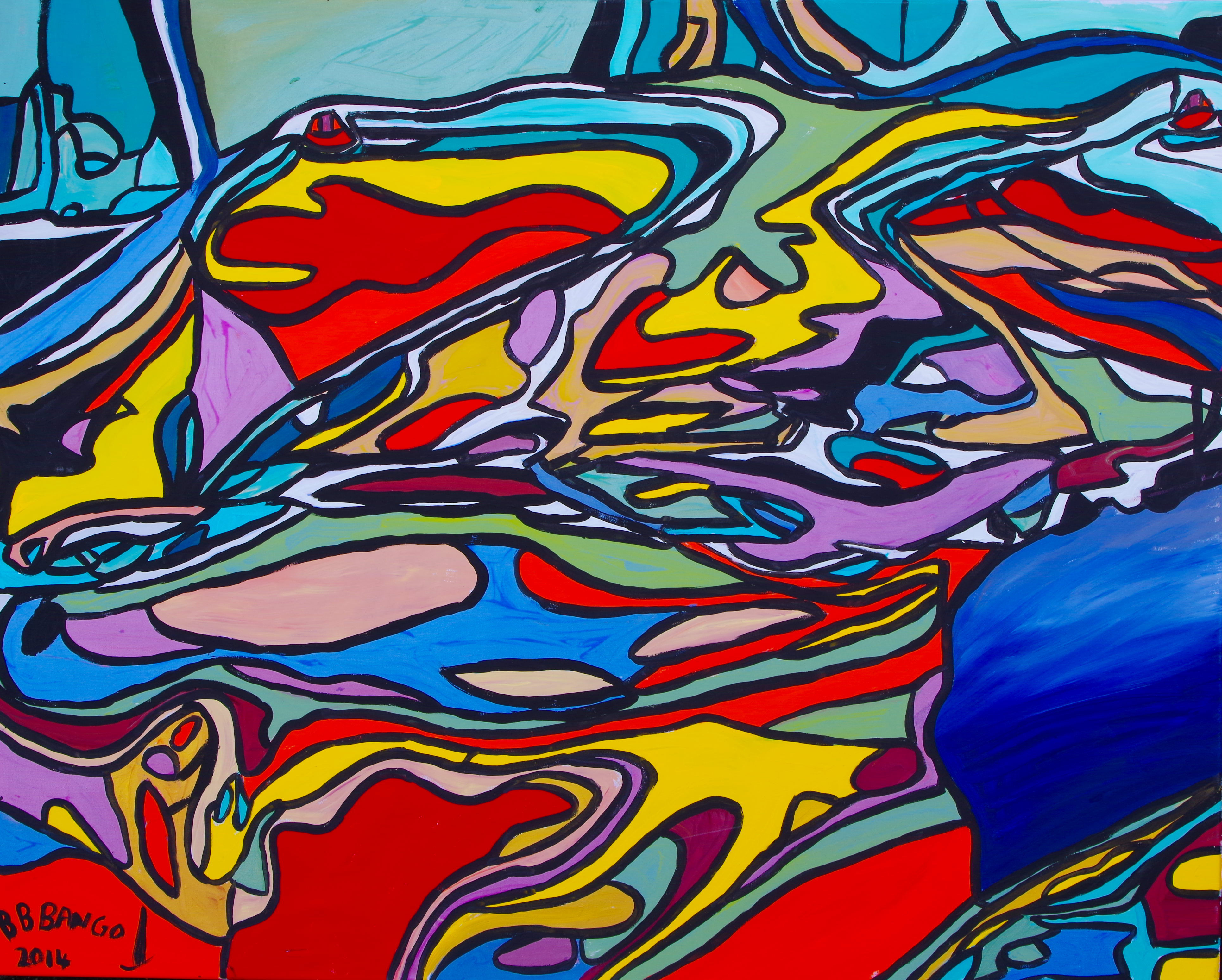 'Open Legs/ Bembridge Harbour' by BB Bango 72 by 48 inch acrylic on canvas. Sold to art collector in Texas via Saatchi online