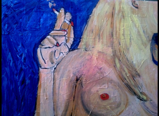 ‘Ciggy’ by BB Bango. Acrylic on Canvas, 60*48cm and 5cm deep £375. Also postcards available. This painting has an NFT Non Fungible token attached to it and can be traded in its digital form on Opensea