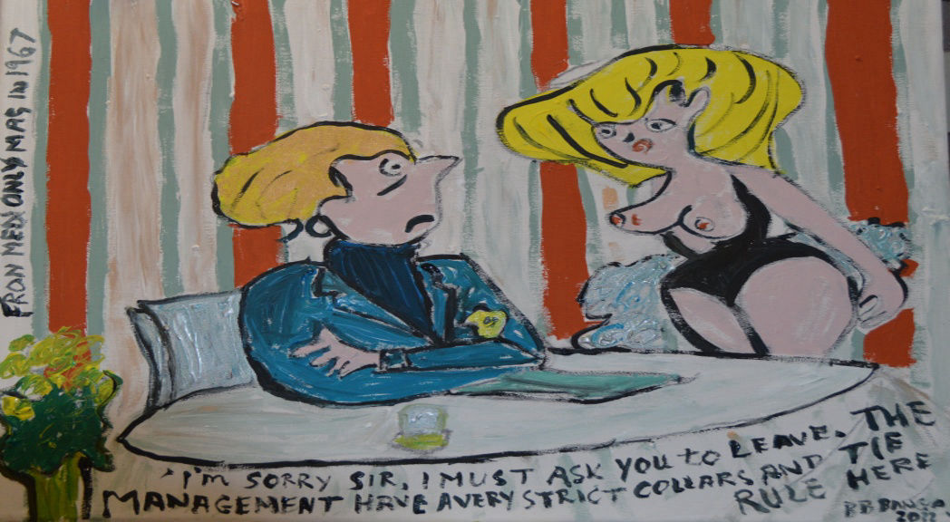 'I'm sorry Sir, I must ask you to leave. The management here have a very strict collar and tie rule here' 39 by 49cm Acrylic on Canvas by BB Bango £60Why on earth is everybody ordering double peach melbas?' 39 by 49cm Acrylic on Canvas by BB Bango SOLD