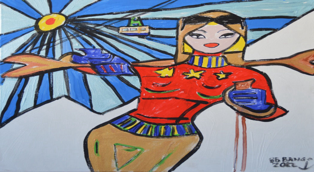 'Ski again' 39 by 49cm Acrylic on Canvas by BB Bango SOLD
