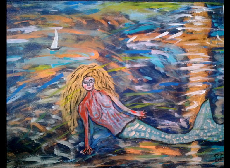 ‘Mermaid 3’ by BB Bango. Acrylic on canvas. 90*60cm £115. Also postcards available. This picture painted 8th April 2013 is influenced by E Munch and is the third in the popular ‘Mermaid’ series. 